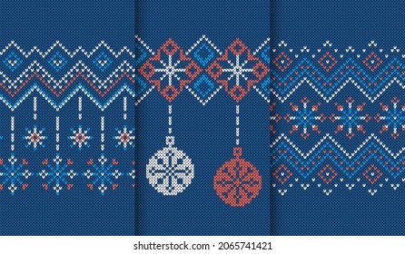 Nahtloses Muster knacken. Weihnachtsblaue Texturen. Set Strickrahmen. Feiertagshintergrund. Fairer Isle Tradition Ornament. Weihnachtsdruck. Festliche Pullover-Grenze. Vektorgrafik.