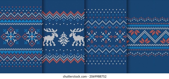 Knit seamless pattern. Christmas borders. Set knitted textures. Blue Xmas prints. Holiday ugly sweater. Fair isle traditional ornaments. Festive winter backgrounds. Vector illustration.