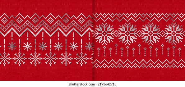 Knit seamless pattern. Christmas fair isle traditional ornament. Knitted sweater background. Xmas winter geometric textures. Holiday print. Wool red pullover. Festive crochet. Vector illustration.