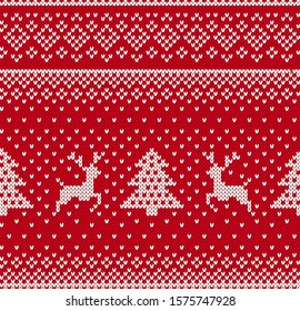 Knit seamless pattern. Christmas print with deers, trees. Vector. Xmas red winter texture. Knitted sweater background. Holiday fair isle traditional ornament. Wool pullover illustration.