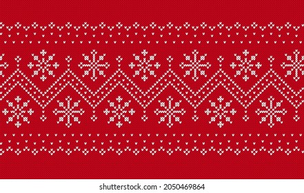 Knit seamless pattern. Christmas print. Red knitted sweater background with zigzag and snowflkes. Xmas winter texture. Holiday fair isle traditional ornament. Wool backdrop. Vector illustration.