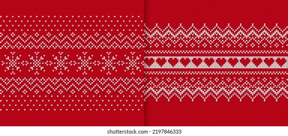 Knit seamless pattern. Christmas print. Two Xmas winter geometric textures. Knitted sweater background. Holiday fair isle traditional ornament. Wool red pullover. Festive crochet. Vector illustration.