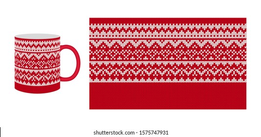 Knit seamless pattern. Christmas red border print. Vector. Knitted sweater texture for cup, dishes, crockery design. Xmas winter background. Holiday fair isle frame. Festive illustration.