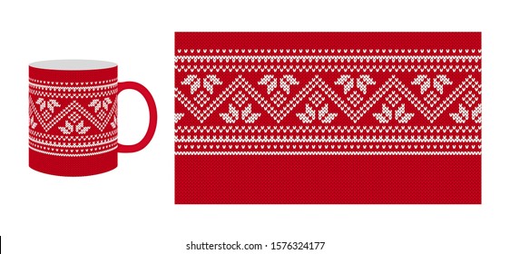 Knit seamless pattern. Christmas red border texture. Vector. Knitted sweater print for cup, dishes, crockery design. Xmas winter background. Holiday fair isle frame. Wool illustration.