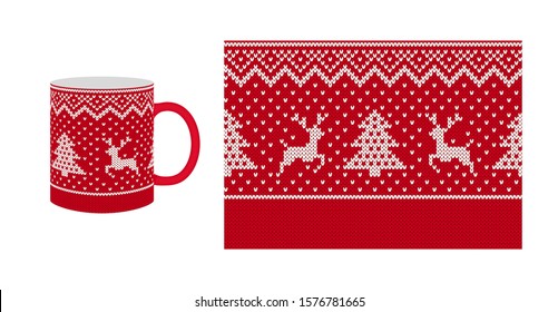 Knit seamless pattern. Christmas red border texture. Vector. Knitted sweater print for cup, dishes, crockery design. Xmas winter background with deer, tree. Holiday fair isle frame. Wool illustration.