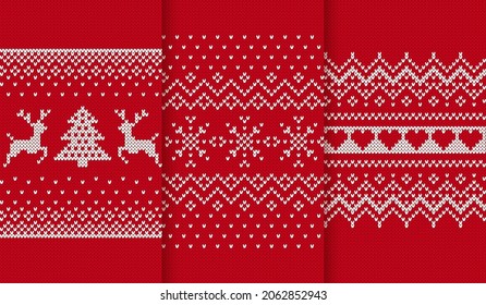 Knit seamless pattern. Christmas red textures. Set knitted frames. Fair isle traditional ornament. Xmas print. Holiday background. Festive sweater border. Vector illustration.