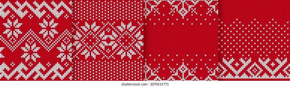 Patrón sin fisuras. Texturas rojas de Navidad. Establecer marcos de punto. El adorno tradicional de la isla hermosa. Papel feo de Navidad. Fondo de vacaciones. Borde de suéter festivo. Ilustración vectorial.