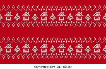 Knit seamless pattern. Christmas red background with house and tree. Xmas geometric border. Knitted sweater print. Holiday fair isle traditional texture. Festive winter ornament. Vector illustration