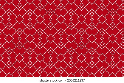 Knit seamless pattern. Knitted texture. Christmas border with rhombuses. Xmas print. Fair isle red ornament. Holiday background. Festive sweater. Vector illustration.