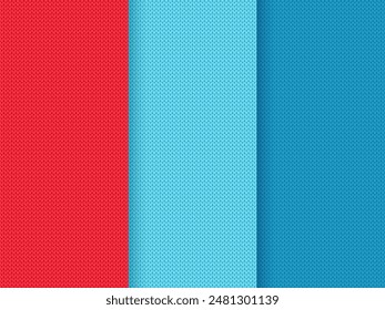 Knit seamless pattern red and blue. Set sweater texture backgrounds. Print with empty place for text. Handicraft abstract ornament. Wool pullover. Color vector illustration.