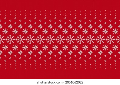 Knit seamless pattern. Red knitted texture with snowflakes. Christmas border. Fair isle traditional background. Xmas print. Holiday ornament. Festive sweater. Vector illustration.