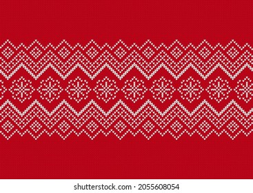 Knit seamless pattern. Red knitted texture with snowflakes. Christmas border. Xmas print. Fair isle traditional ornament. Holiday background. Festive sweater. Vector illustration.
