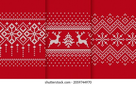 Knit seamless pattern. Red knitted textures. Christmas borders. Set Xmas prints. Holiday backgrounds. Fair isle traditional ornament. Festive sweater. Vector illustration.