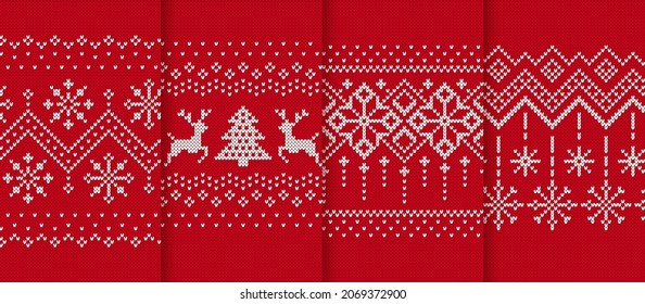 Knit seamless pattern. Red knitted textures. Christmas borders. Set Xmas prints. Festive sweater. Fair isle traditional ornament. Holiday ugly backgrounds. Winter frames. Vector illustration.