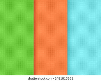 Knit seamless pattern. Set backgrounds with empty place for text. Vector. Sweater texture print green, orange, blue. Wool pullover. Color illustration. Handicraft abstract ornament.