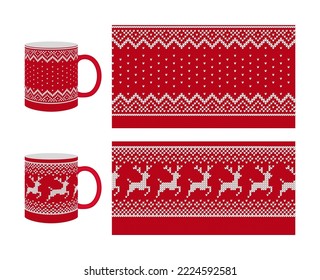 Knit seamless pattern templates collection. Christmas texture mockup with deers. Red festive fair isle print. Set knitted background. Holiday winter border design. Vector illustration.