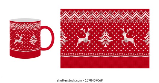 Knit seamless pattern. Xmas red border texture. Vector. Knitted sweater print for cup, dishes, crockery design. Christmas fair isle frame with deer, tree. Holiday winter background. Wool illustration.