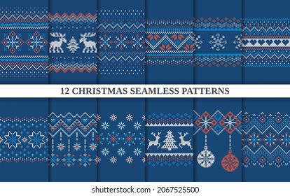 Knit seamless patterns. Christmas print. Set Xmas winter geometric background. Blue knitted sweater texture. Holiday fair isle traditional ornament. Festive crochet. Wool pullover. Vector illustration