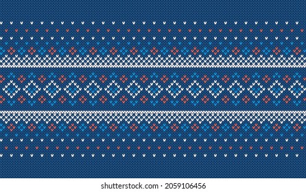 Knit seamless print. Christmas pattern. Knitted blue background. Xmas texture. Sweater frame. Holiday fair isle ornament. Winter textile with rhombus. Festive traditional crochet. Vector illustration
