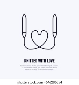 Knit shop line logo. Yarn store flat sign, illustration of circular knitting needles with heart shape.
