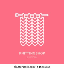 Knit shop line logo. Yarn store flat sign, illustration of knitting needles with yarn pattern.