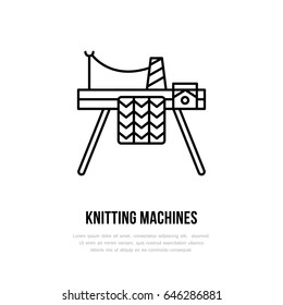 Knit shop line logo. Yarn store flat sign, illustration of knitting machine with yarn pattern.