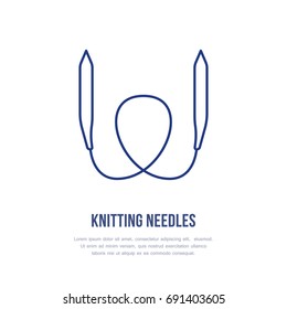 Knit shop line logo. Yarn store flat sign, illustration of circular knitting needles, hand made equipment.