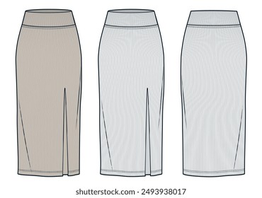 Knit Skirt technical fashion illustration. Jersey midi Skirt fashion flat technical drawing template, ribbed, front slit, slim fit, front and back view, white, beige, women CAD mockup set.