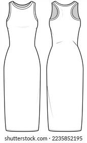 Knit Sleeveless Racer Back Bodycon Dress Front and Back View. Fashion Illustration, Vector, CAD, Technical Drawing, Flat Drawing, Template, Mockup.