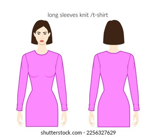 Knit sleeves t-shirt long length clothes character beautiful lady in magenta top, shirt, dress technical fashion illustration. Flat apparel template front, back sides. Women, men unisex CAD mockup