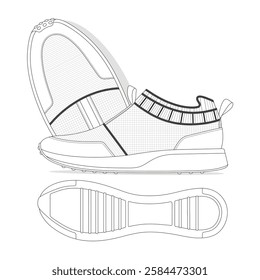 Knit sock running shoes design technical flat sketch vector mockup template.