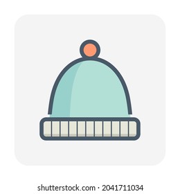 knit stocking cap or warm hat vector icon consist of wool, pompom for head to wear in winter season, cold weather. Accessory for decoration in celebration, merry christmas, holiday, happy new year.