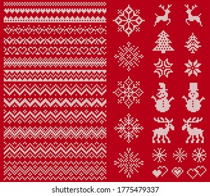 Knit sweater elements. Vector. Christmas seamless borders. Fairisle ornaments. Scandinavian pattern with snowflake, reindeer, tree, snowman. Red white texture. Knitted print. Xmas, winter illustration