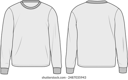 Knit sweater Technical fashion illustration design template with ribbed cuffs, regular fit and long sleeves front and back view