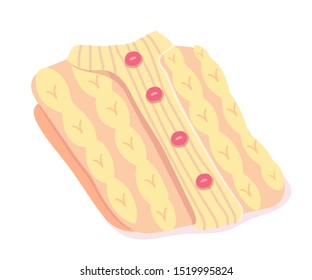 Knit sweaters flat vector illustration. Beige warm folded pullover with pink buttons. Autumn season woolen apparel isolated clipart on white background. Winter knitwear design element