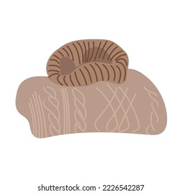 Knit sweaters flat vector illustration. Beige warm folded pullover. Autumn season woolen apparel isolated clipart on white background. Winter knitwear. Hygge, lagom