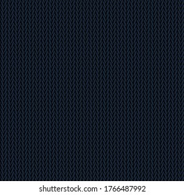 Knit texture dark blue color. Vector seamless pattern fabric. Knitting background flat design. 