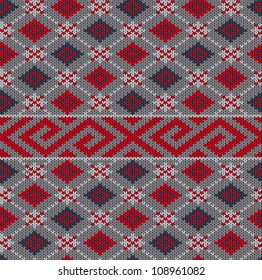 Knit texture. Fabric gray background with red geometric ornament. Seamless vector pattern eps10 for book cover or flayer design. Raster file included in portfolio
