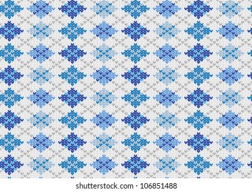 Knit texture. Fabric white background with blue geometric ornament. Seamless vector pattern eps10. Raster file included in portfolio