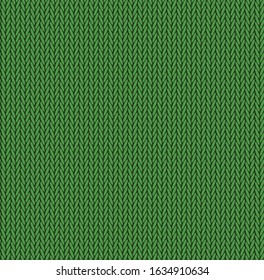 Knit Texture Green Color. Vector Seamless Pattern Fabric. Knitting Background Flat Design. 