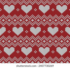 Knit texture seamless pattern with hearts on red background. Valentine's day vector illustration.