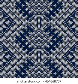 Knit Texture. Seamless Pattern Ornament On The Wool Knitted Texture. Blue Colour. Vector illustration
