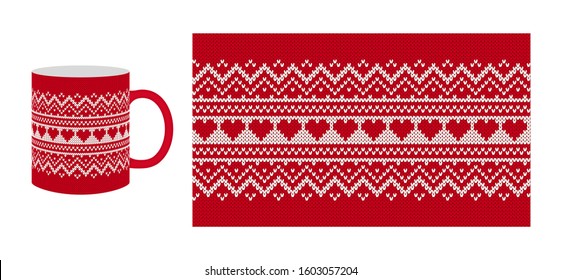 Knit Valentine Texture With Hearts. Seamless Pattern. Vector. Christmas Red Knitted Sweater. Xmas Print. Background For Cup, Dishes, Crockery. Holiday Winter Design. Wool Illustration.