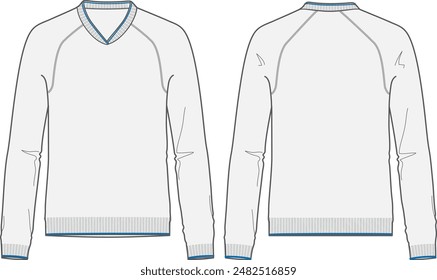 Knit v-neck sweatshirt technical fashion illustration design template with ribbed cuffs, regular fit and long sleeves front and back view