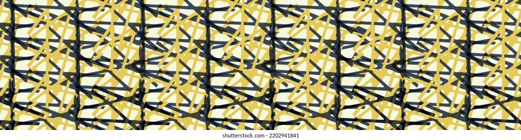 Knit weave style grid vector seamless border background. Blue yellow banner with entwined loops of woven yarn effect. Regular mesh of thread lines. Minimal neutral gray organic purl texture.