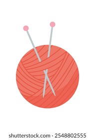 Knit wool ball and needle icon, hand drawn knitting craft supplies element, flat tailor tool design, doodle dressmaking accessories illustration, vector fashion decoration object,