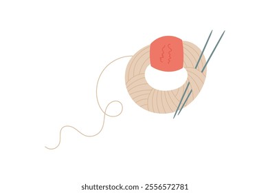 Knit wool ball and needle logo, vector crochet craft accessories object, doodle fashion tool design, hand drawn tailor decoration element, flat knitting supplies illustration,
