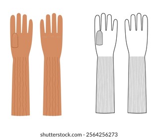 Knit Wool Gloves Elbow length sepia cartoon and flat mockup sketch Fashion hand accessory clothing technical illustration garment. Vector front palm back view for Men women unisex style CAD on white