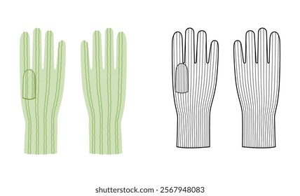 Knit Wool Gloves Elbow length light green cartoon and flat sketch Fashion hand accessory clothing technical illustration garment. Vector for Men women unisex style flat template CAD white background