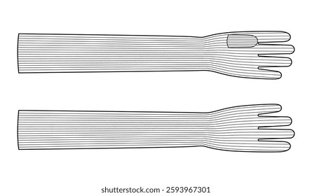 Knit Wool Gloves Elbow length Fashion hand accessory clothing technical illustration garment. Vector front palm back view for Men women unisex style flat template CAD mockup sketch on white background